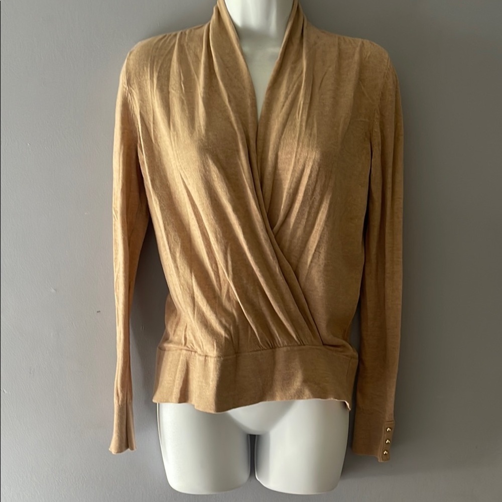 White House Black Market Tan Wrap Blouse Size S